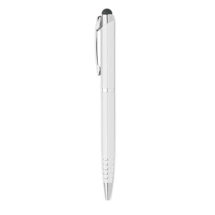 A pen in white with a chrome clip and a stylus tip, featuring a sleek, modern design.