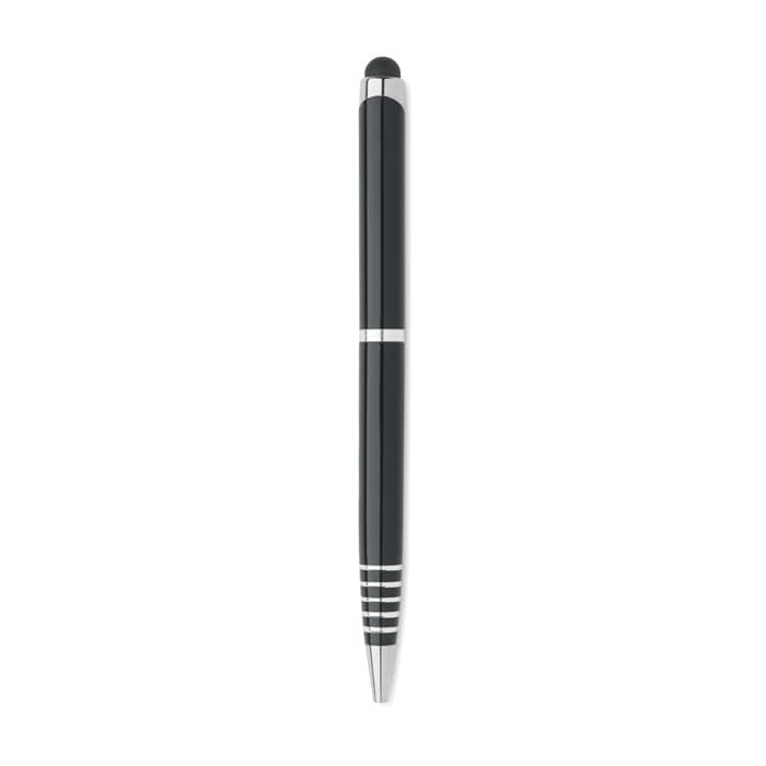 A black pen with silver accents and a stylus tip, featuring a sleek, modern design.