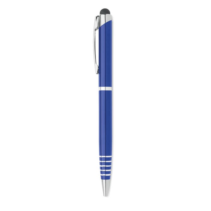 A blue pen with chrome accents, featuring a clip and a stylus tip at the end.