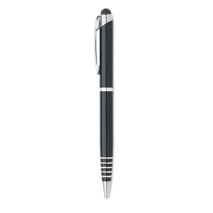 A black pen with silver accents and a clip. The design features a smooth finish and is sleek in appearance.