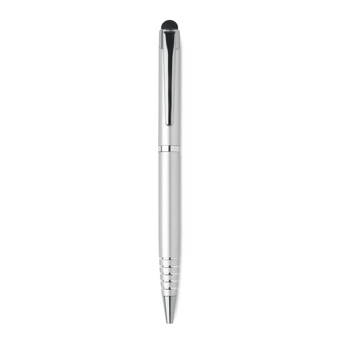 A sleek silver pen with a shiny finish and a stylus tip, featuring a simple design with subtle grip lines.