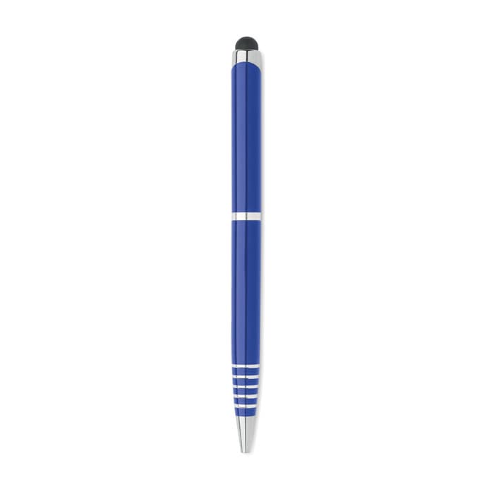 A blue pen with silver accents and a stylus tip, featuring a sleek, smooth design and a branding logo.