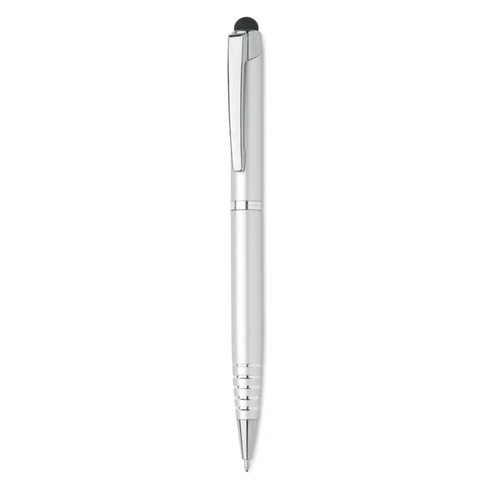 A pen with a sleek silver body and black accents, featuring a clip and a pointed tip for writing.