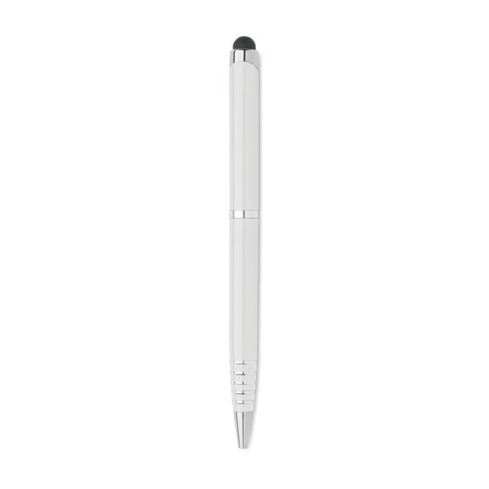 A pen in white with a chrome trim and a stylus tip at the end, featuring a logo.