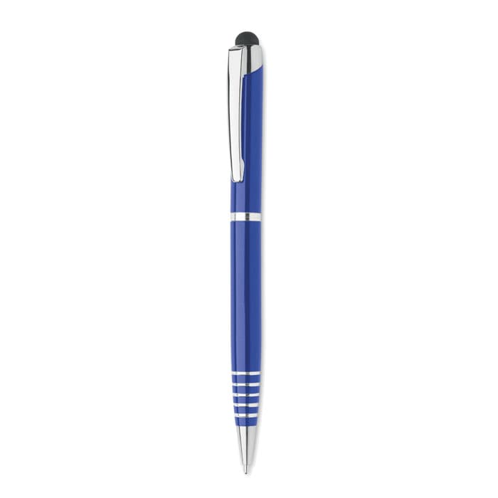 A blue pen with silver accents and a stylus tip, featuring a branding logo on the barrel.