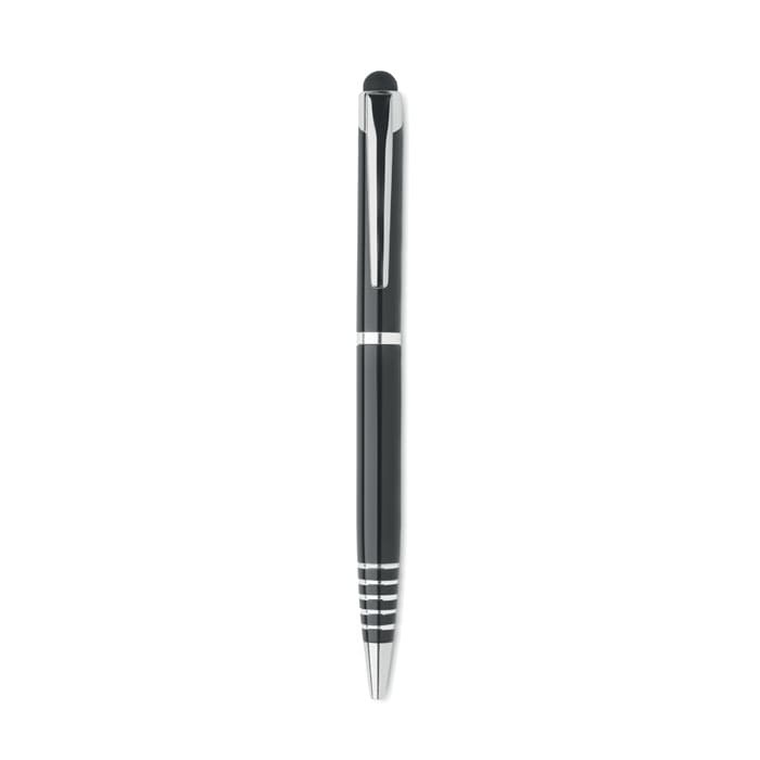 A pen with a sleek black body and silver accents, featuring a stylus tip for touchscreen devices.