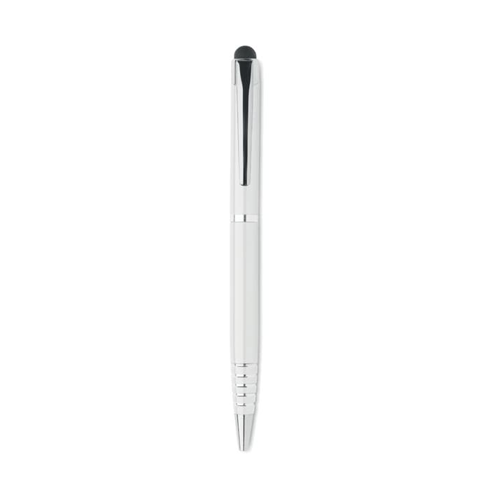 A pen with a white body and chrome accents, featuring a stylus tip on one end.