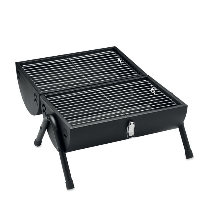 A portable black barbecue grill with a folding design and adjustable legs, featuring a grid surface.
