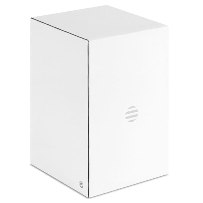 A white box with a circular logo on one side, featuring a sleek and minimalistic design.