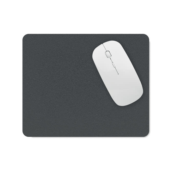 A mouse pad in a dark grey tone with a white computer mouse positioned on top. Features a textured surface.