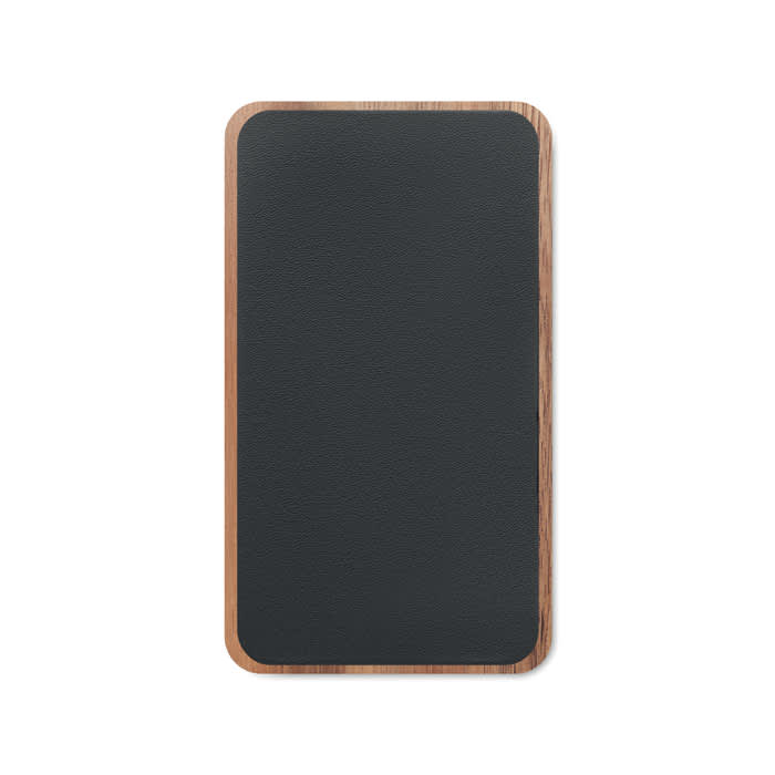 A drink bottle featuring a black textured surface with a wooden frame. It has a sleek, minimalist design.