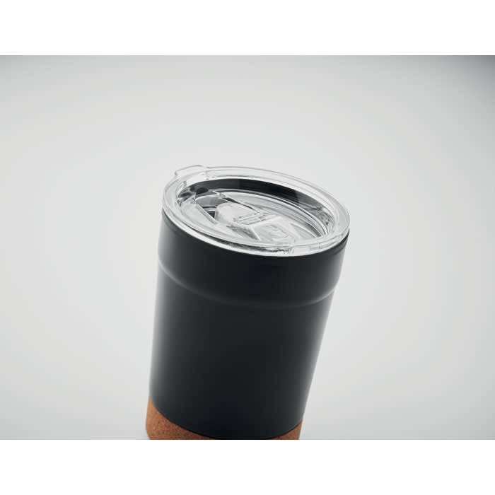 A drink bottle in black with a clear lid and cork base, featuring a logo on the side.