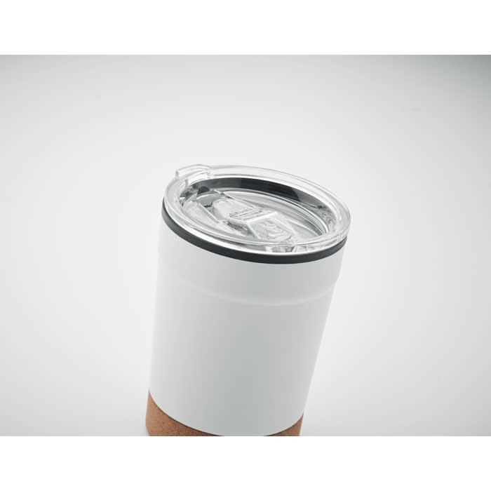 A drink bottle in white with a clear lid and a cork base, featuring a logo on the side.