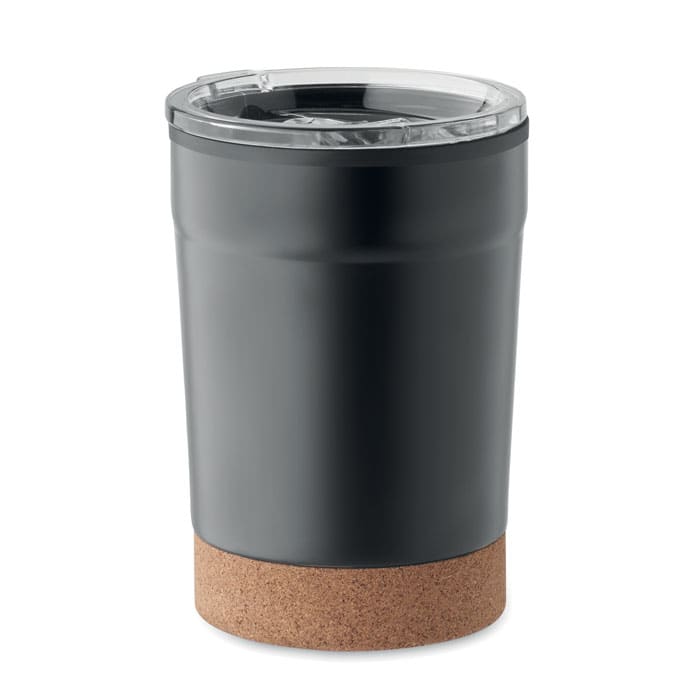 A drink bottle in matte black with a cork base and a clear lid. It features a logo on its surface.