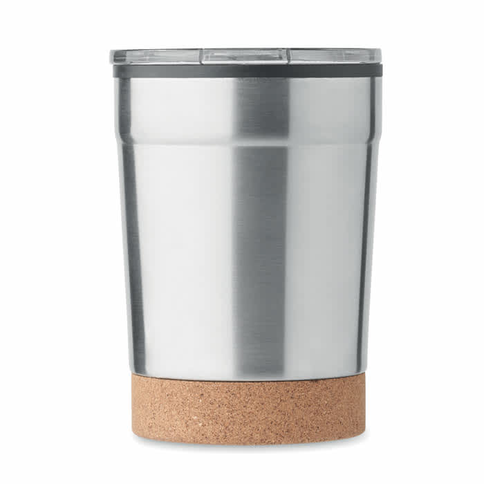 A drink bottle made of stainless steel with a cork base and a silver finish. It features a lid.