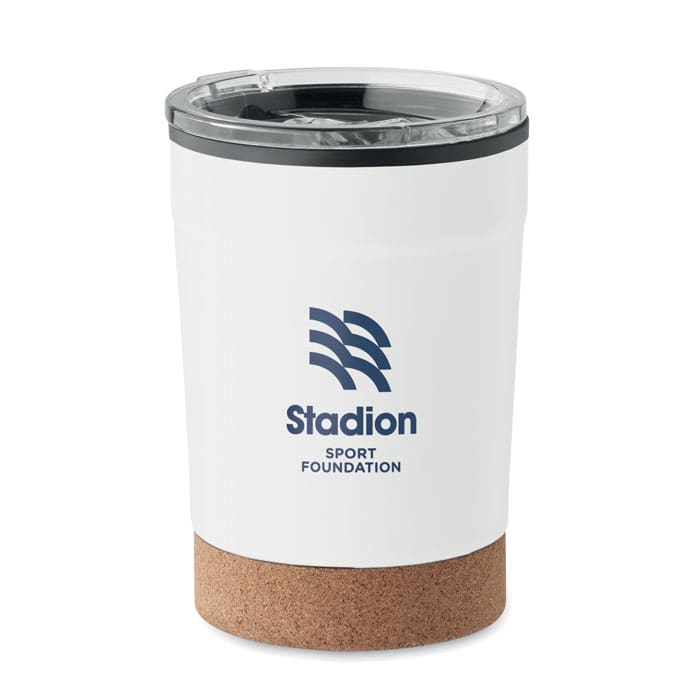 A drink bottle in white with a cork base and a clear lid features a logo.