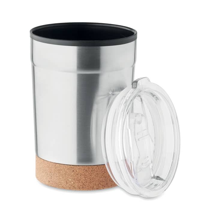 A drink bottle featuring a stainless steel body, cork base, and a clear lid. It includes a logo on the side.