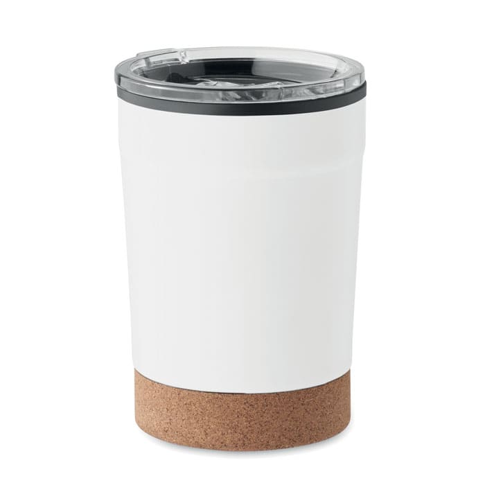 A drink bottle with a white body and cork base, featuring a clear lid and black trim.