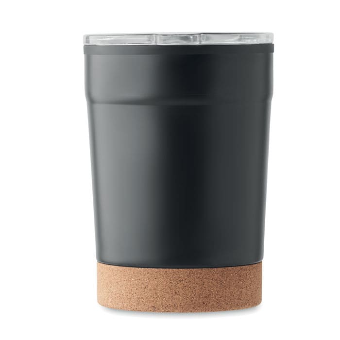 A drink bottle in matte black with a cork base and a clear lid, featuring a logo on the side.