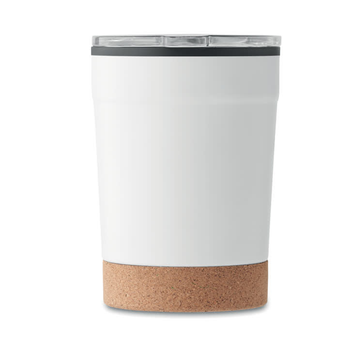 A drink bottle featuring a white body with a cork base and a clear lid. It includes a logo.