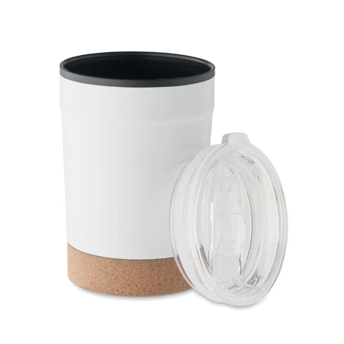 A drink bottle with a white body, cork base, and clear lid. It features a logo on the side.