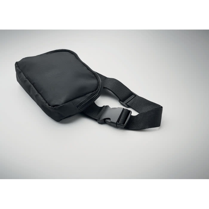 A black pouch with a zip closure and an adjustable strap, featuring a sleek, minimal design.