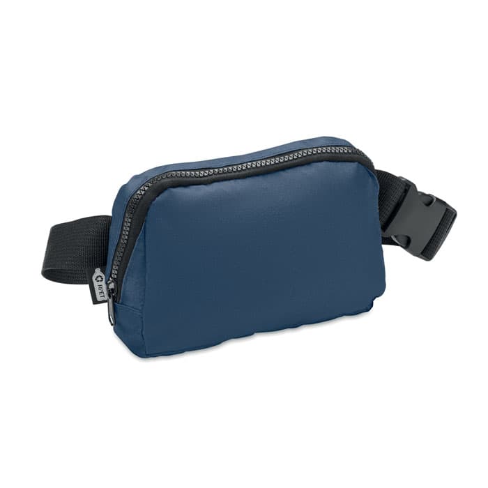 A navy blue waist bag with a zippered closure and an adjustable strap. It features a logo on the side.
