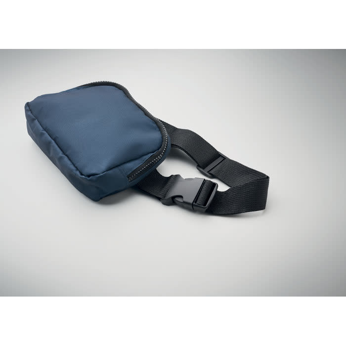 A navy blue waist bag with a zippered closure and an adjustable black strap.