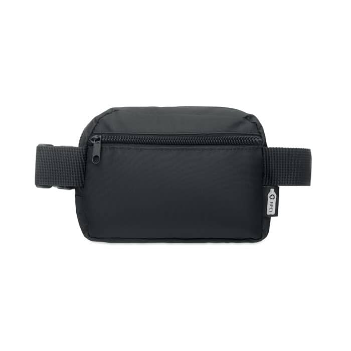 A black toiletry bag with a zip closure and a strap on the side, featuring a brand logo.