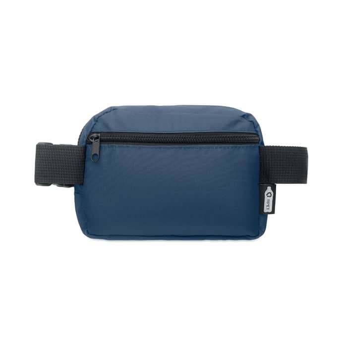 A navy blue pouch with a zippered front and a black adjustable strap. It features a logo on the side.