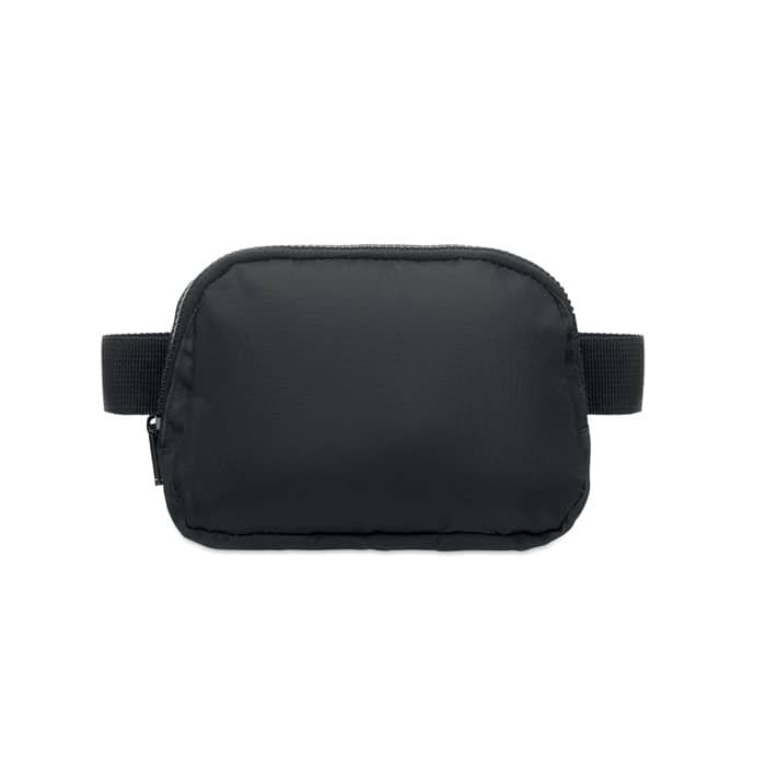 A black cosmetic bag with a zip closure and elastic strap, featuring a smooth, durable fabric.