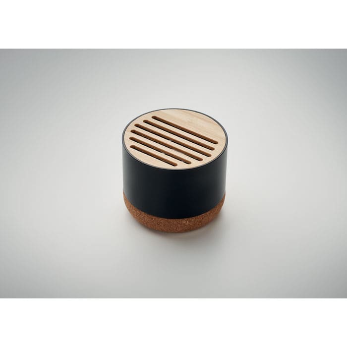 A drink bottle with a black body and cork base, featuring a slotted wooden lid. It has a modern design.