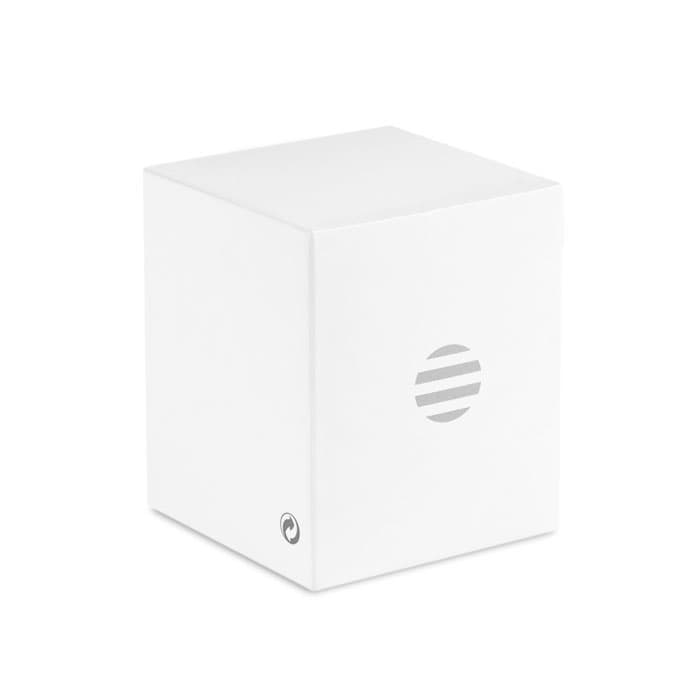 A plain white box with a simple logo on one side. The box has no visible markings or designs.