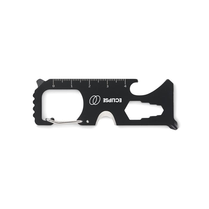 A multi-tool featuring a ruler, bottle opener, and various functional shapes, all in a sleek black finish.