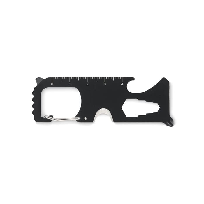 A multi-tool in black, featuring a ruler, bottle opener, and various tool edges. It has a carabiner attachment.