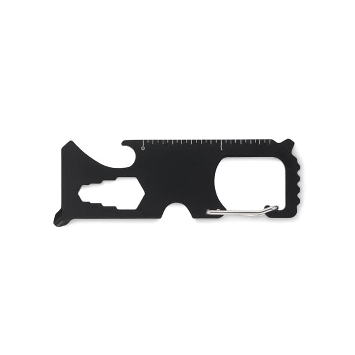 A multi-tool card in black, featuring various tool functions and a ruler. It has a small metal attachment.