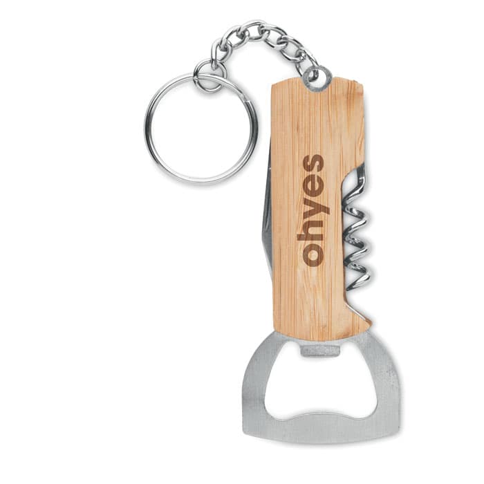 A bamboo keychain multi-tool featuring a bottle opener, corkscrew, and a keyring attachment.