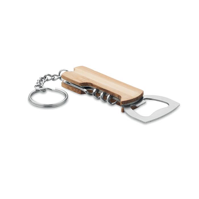 A bottle opener keychain with a wooden handle and metal components, featuring a silver bottle opener and keyring.