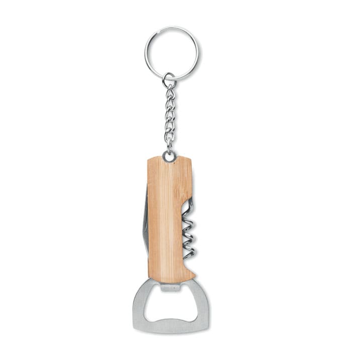 A bottle opener keyring featuring a bamboo handle and stainless steel functions, including a corkscrew.