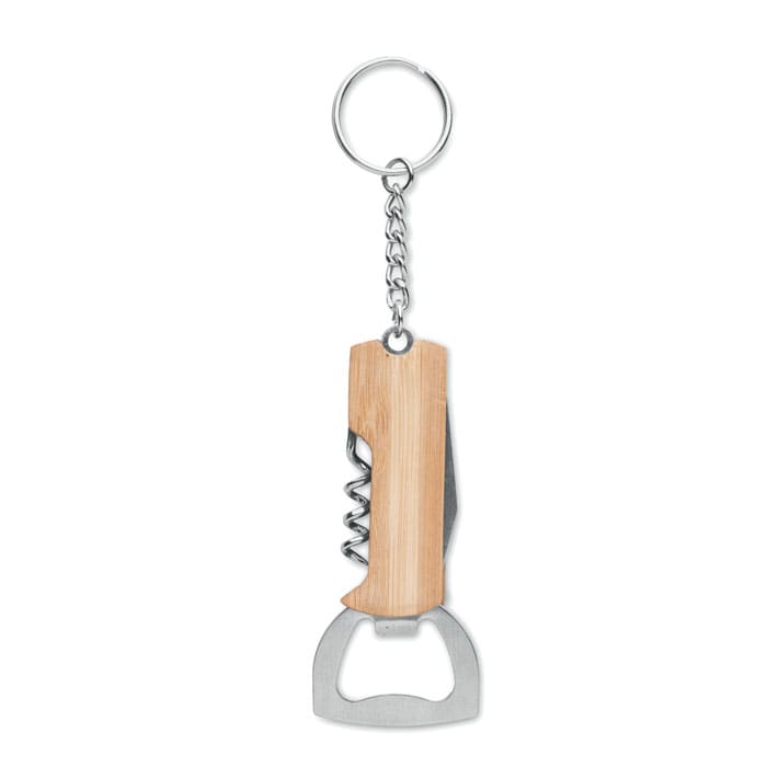 A bottle opener keychain featuring a bamboo handle and stainless steel components, including a corkscrew and cap lifter.