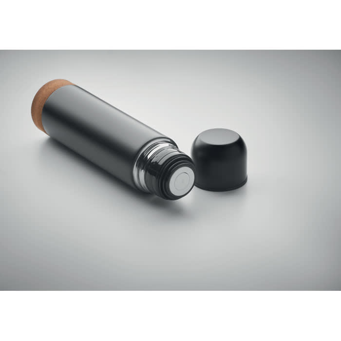 A drink bottle in matte black with a wooden cap, laying on its side with the lid off. It has a sleek design and a logo.