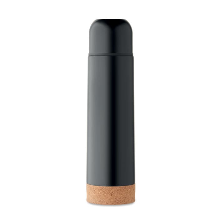 A drink bottle in matte black with a cork base and a sleek, modern design. It features a logo on the surface.