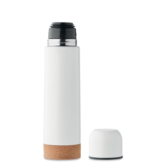 A drink bottle in white with a cork base and a black lid, accompanied by a matching cap.