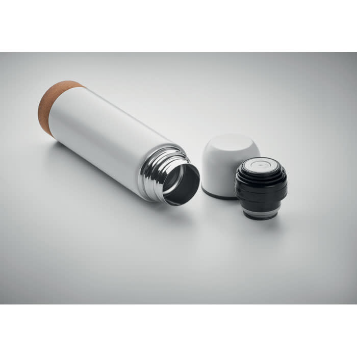 A drink bottle in white with a cork base and black lid, displayed with the lid removed.