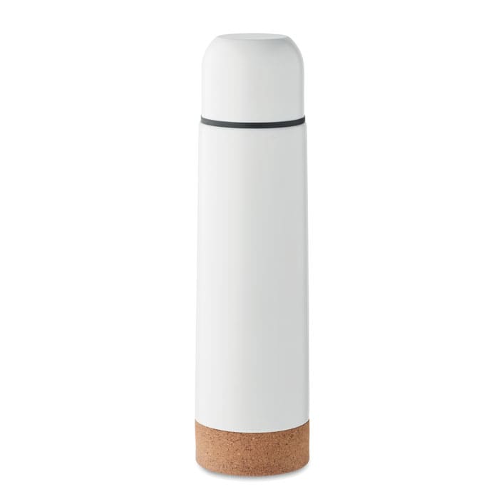 A drink bottle with a white body and a cork base, featuring a sleek, modern design and a black band.