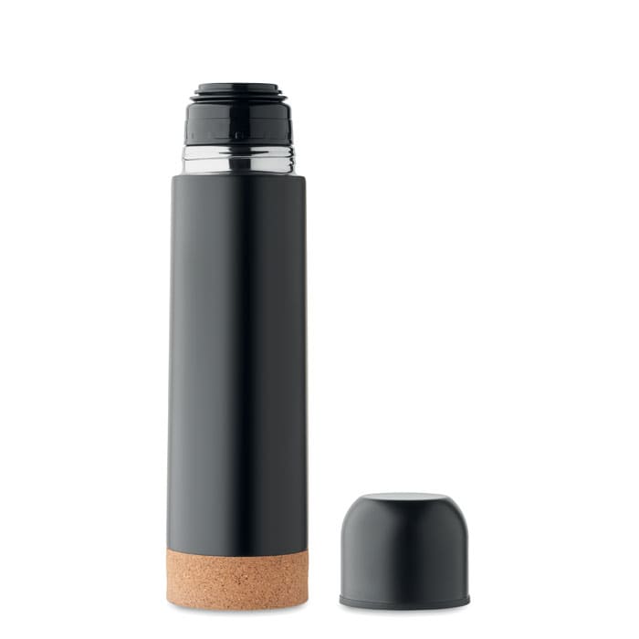 A drink bottle in matte black with a cork base, featuring a screw-on lid and a sleek design.