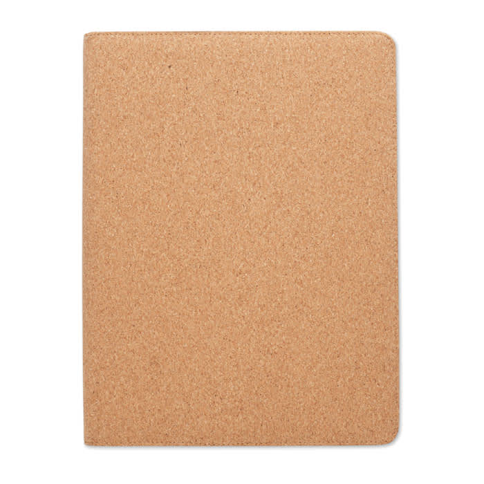 A notebook with a textured cork cover, featuring a neutral brown colour and a simple, minimalist design.
