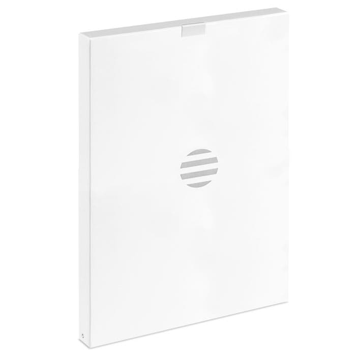 A white product packaging with a circular logo in the centre. The box has a smooth, clean design.
