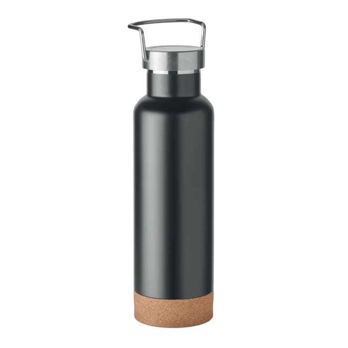 A drink bottle in matte black with a cork base and a silver metal lid. It features a sleek design and a logo.