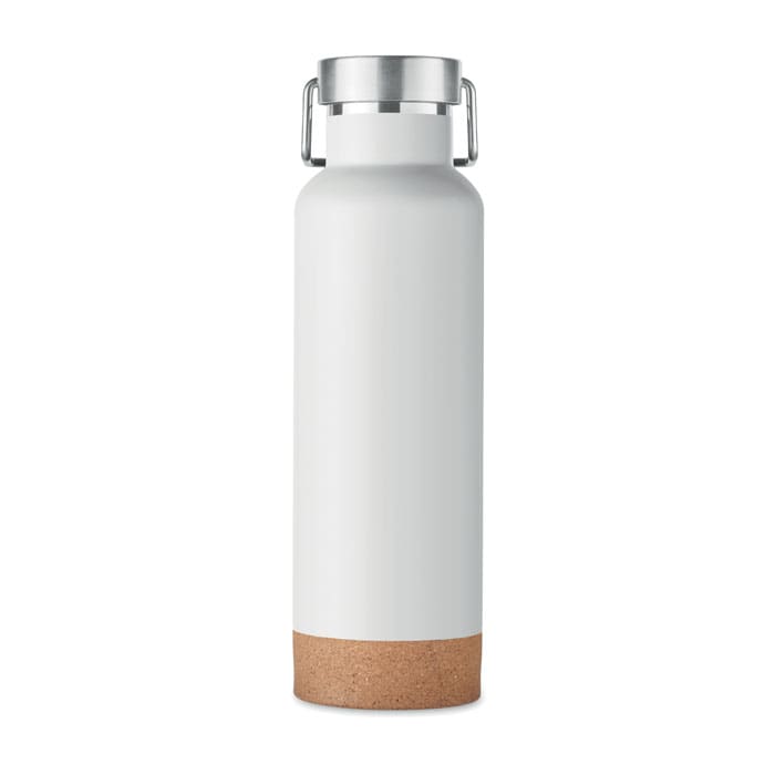 A drink bottle in white with a cork base and a silver lid. The bottle has a sleek, modern design.